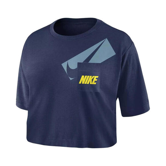 New Nike Women's Navy  Pocketed Cropped Logo Graphic Short Sleeve Top, Size - XL - Picture 1 of 2